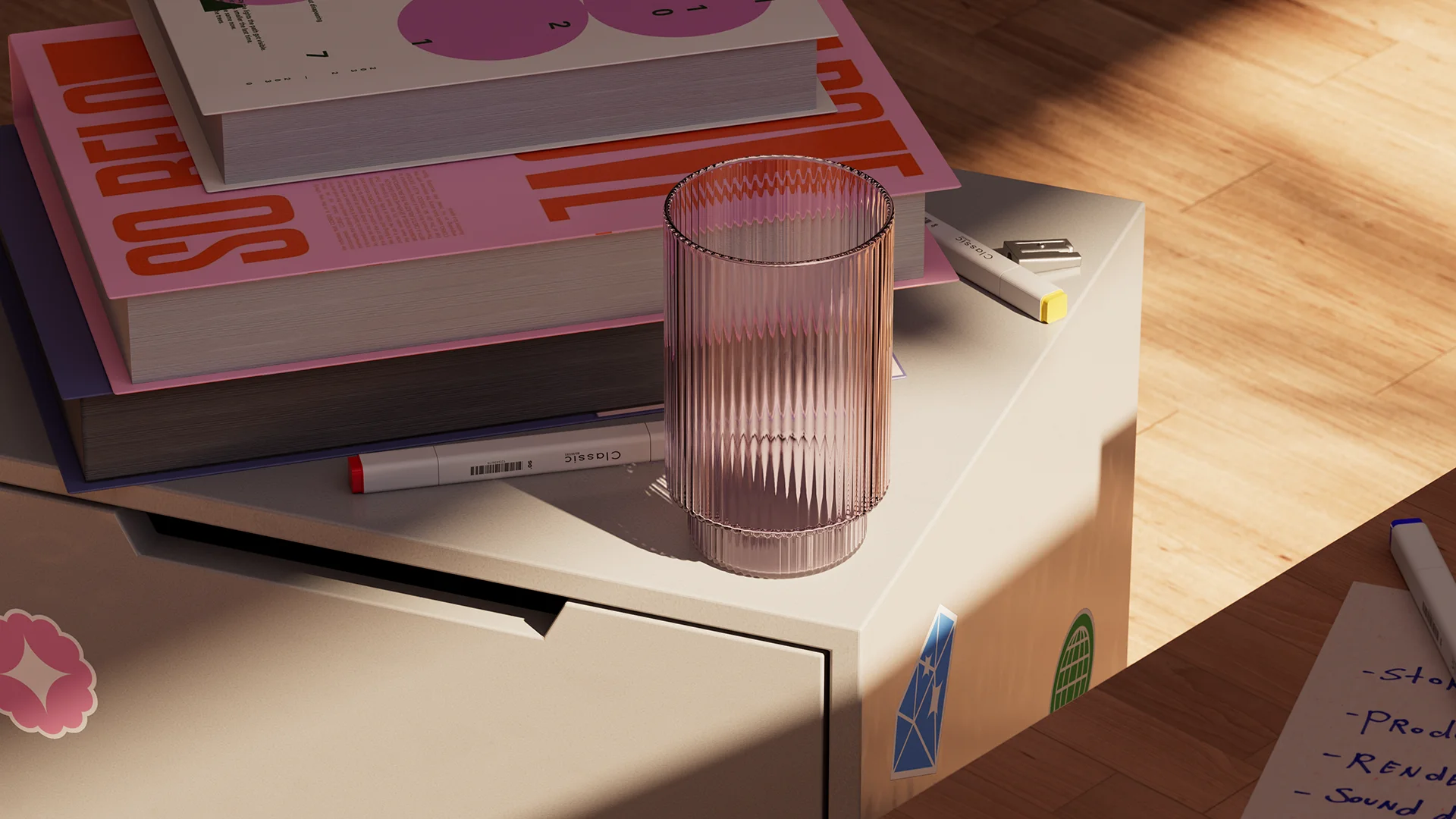 A glass vase on a cabinet